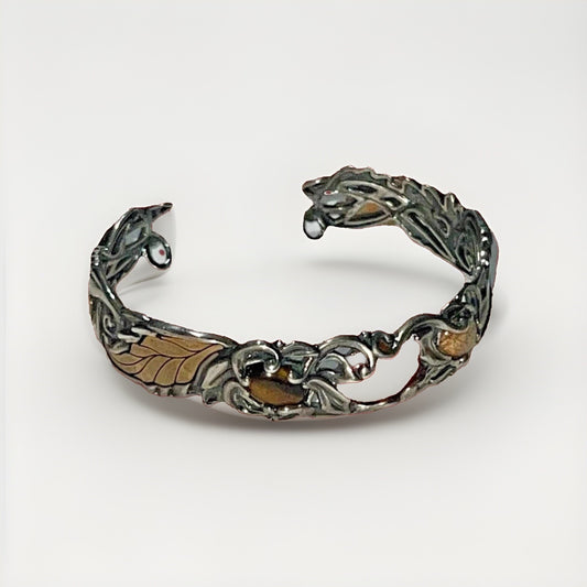 Artisan Brass & Sterling Silver Leaf Cuff Bracelet Jasper Tiger’s Eye Onyx 28g