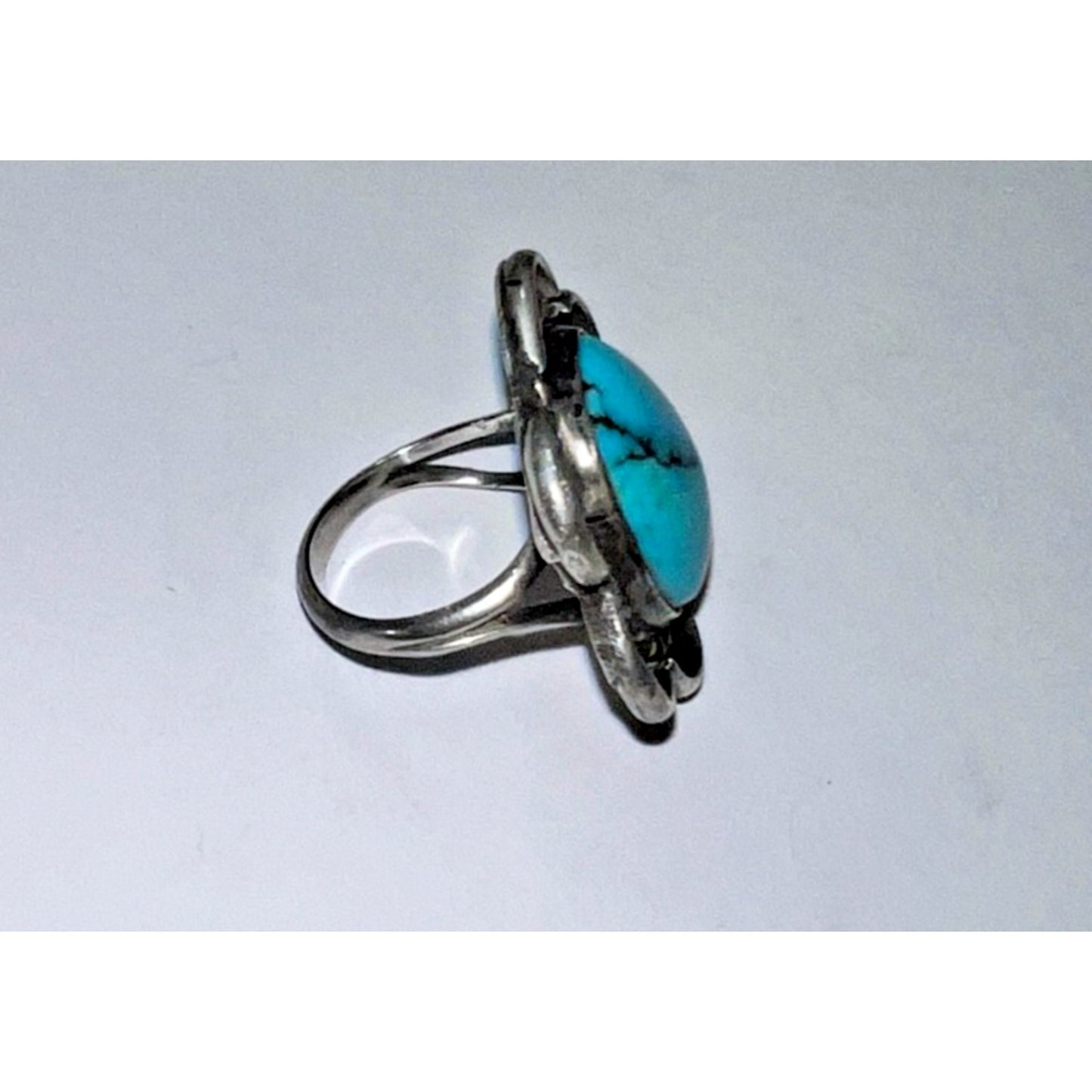 Vintage Navajo Sterling Silver Kingman Turquoise Statement Ring Rope Bezel Sz 6