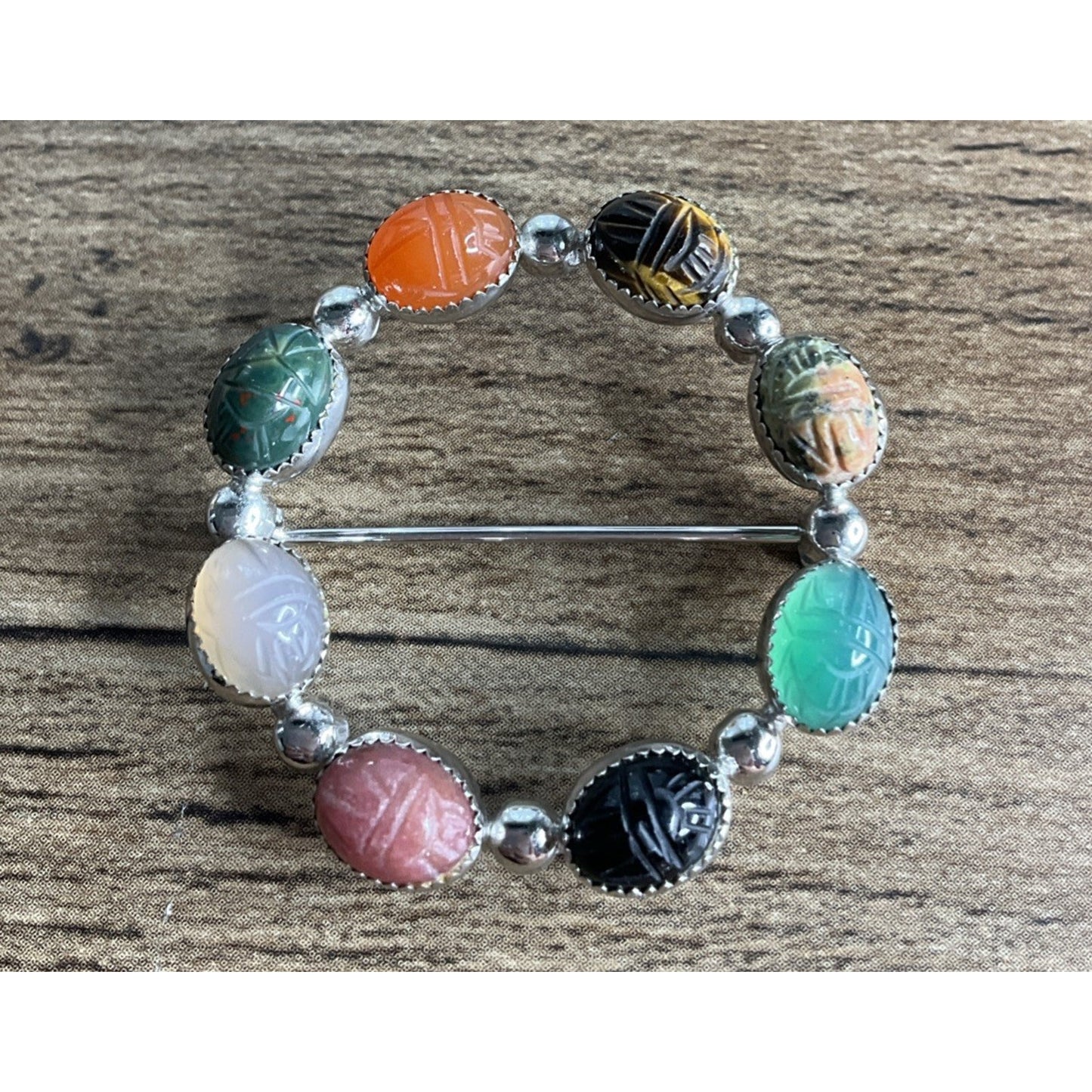 Vintage Sterling Silver Scarab Brooch Multi Gemstone Egyptian Revival Circle Pin