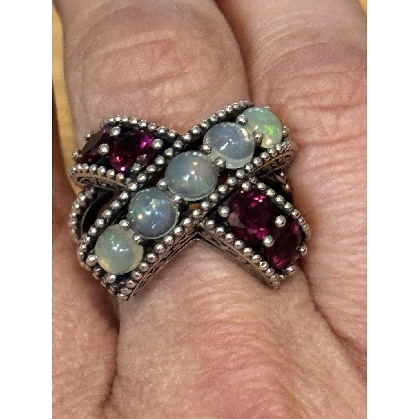 Vintage Sterling Silver Opal & Garnet Statement Ring Boho Bali Ring Size 8.5