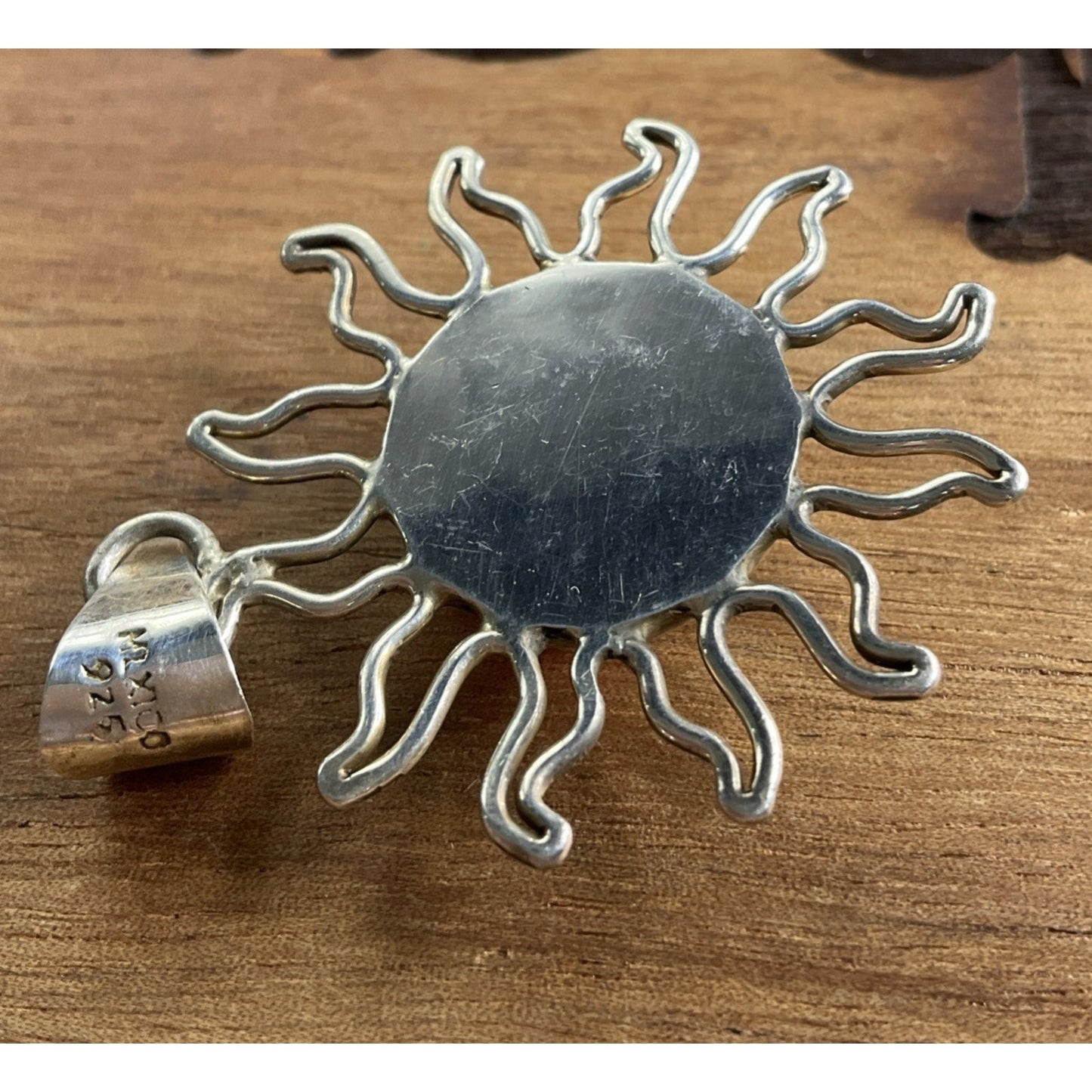 Vintage 925 Mexico Sterling Silver Sun Pendant Pink Cabochon