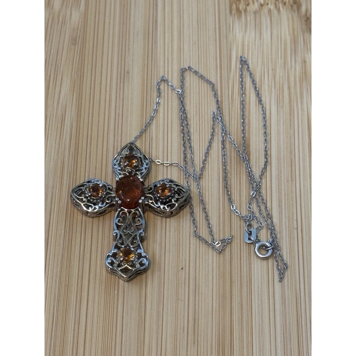 Vintage Amber & Citrine Sterling Silver Two Tone Cross And 925 Necklace 20”