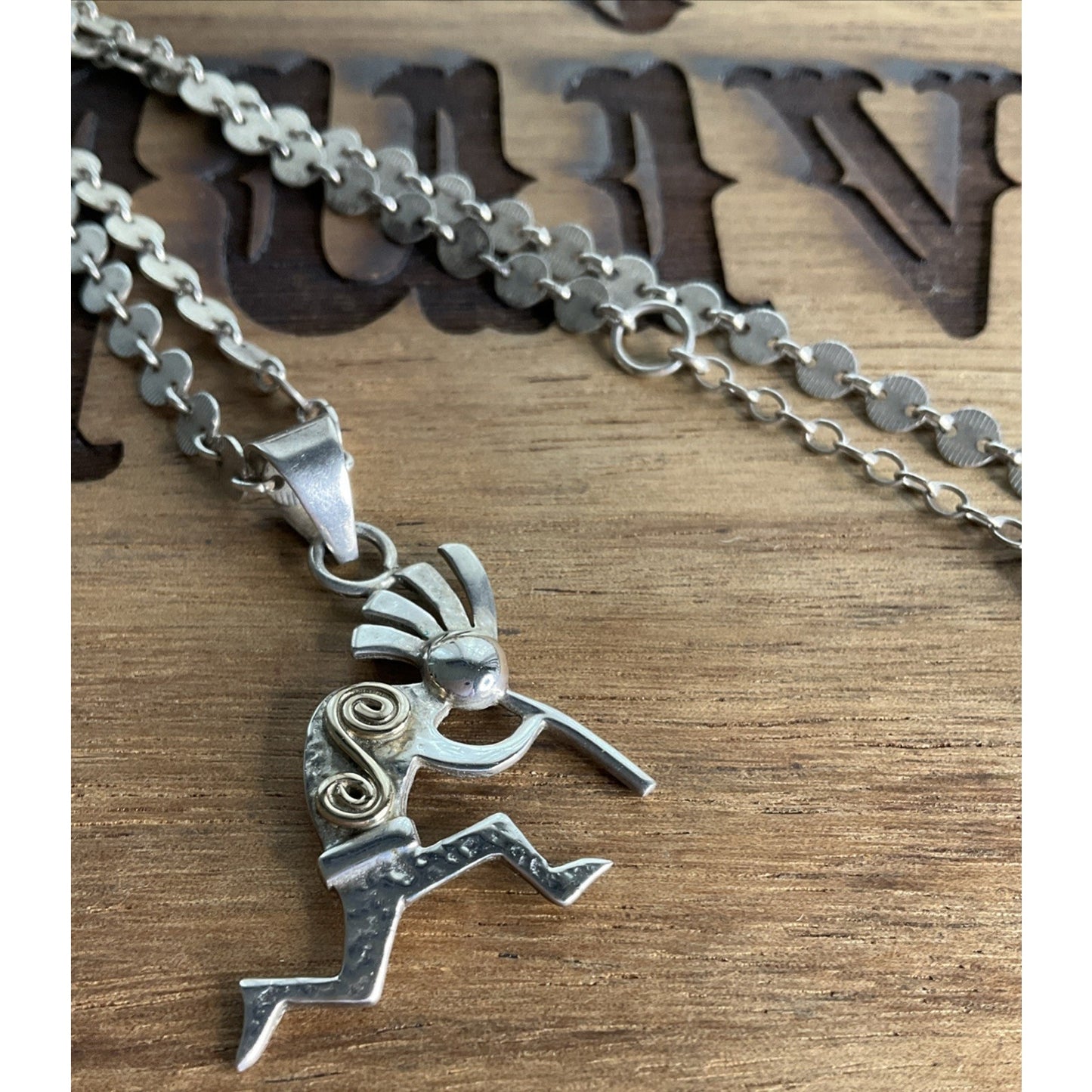 Vintage 14K Gold & Sterling Silver Kokopelli Pendant Necklace 20” Southwestern