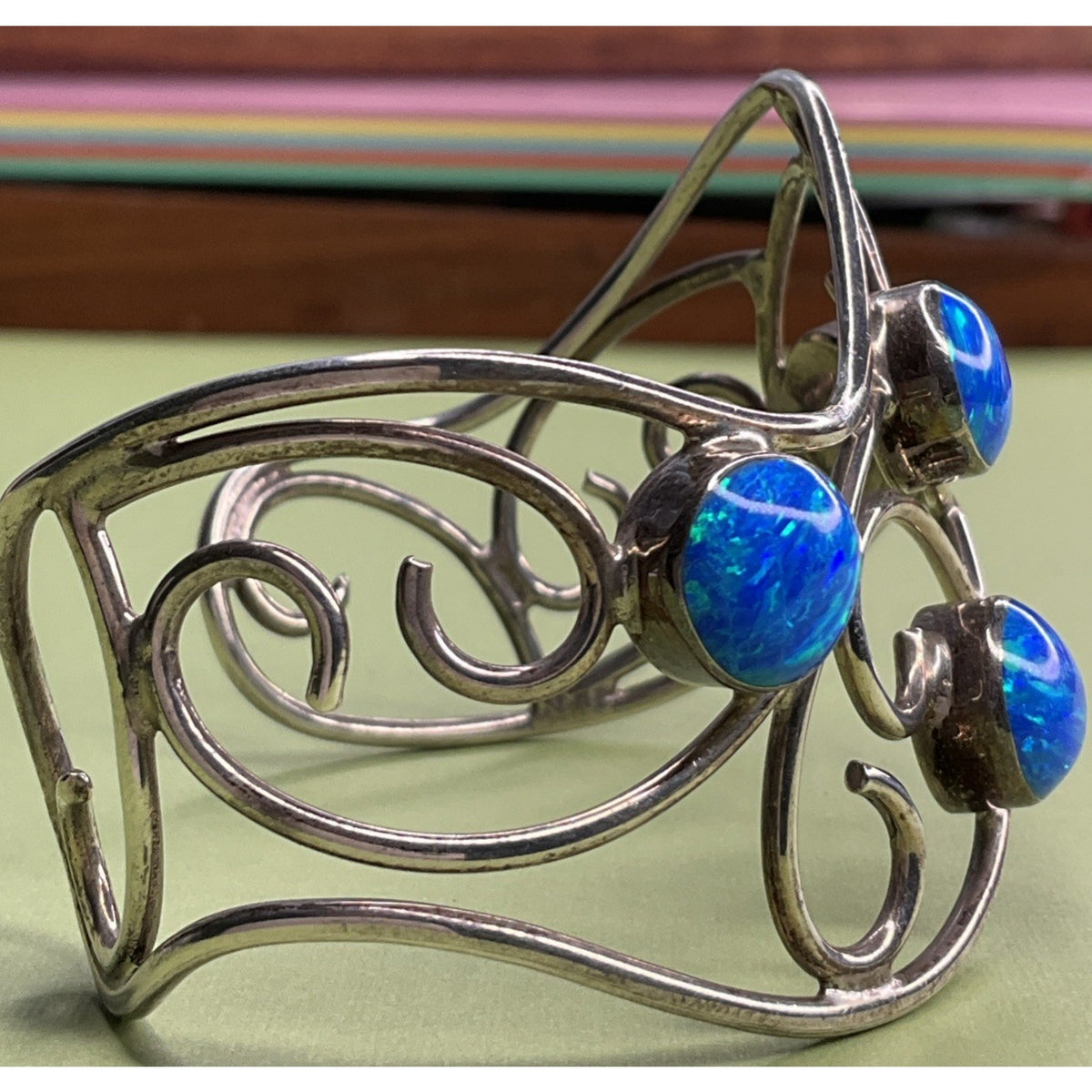 Mexico 925 Sterling Silver Blue Opal Wide Scroll Cuff Bracelet 31g
