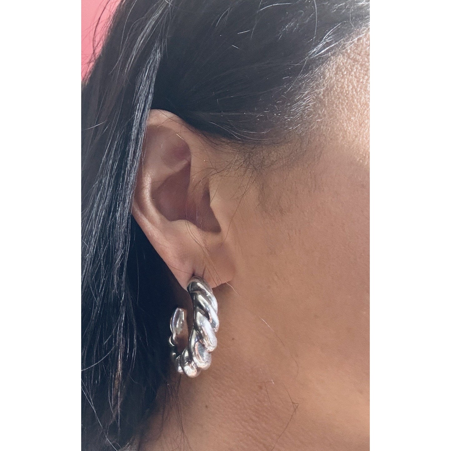 Vintage Sterling Silver 925 Ribbed Fluted Half Hoop Twisted Chunky Earrings