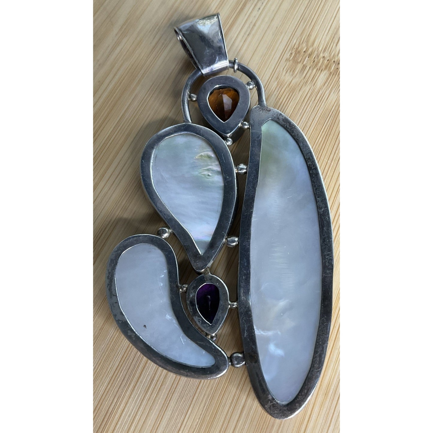Large Artisan Mother of Pearl Amethyst Citrine Statement Pendant 55g 5” X 2.5”