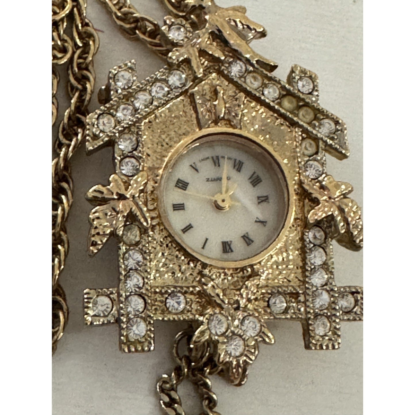 Vintage Lind 14KGE Rhinestone Cuckoo Clock Quartz Watch Brooch Pendant
