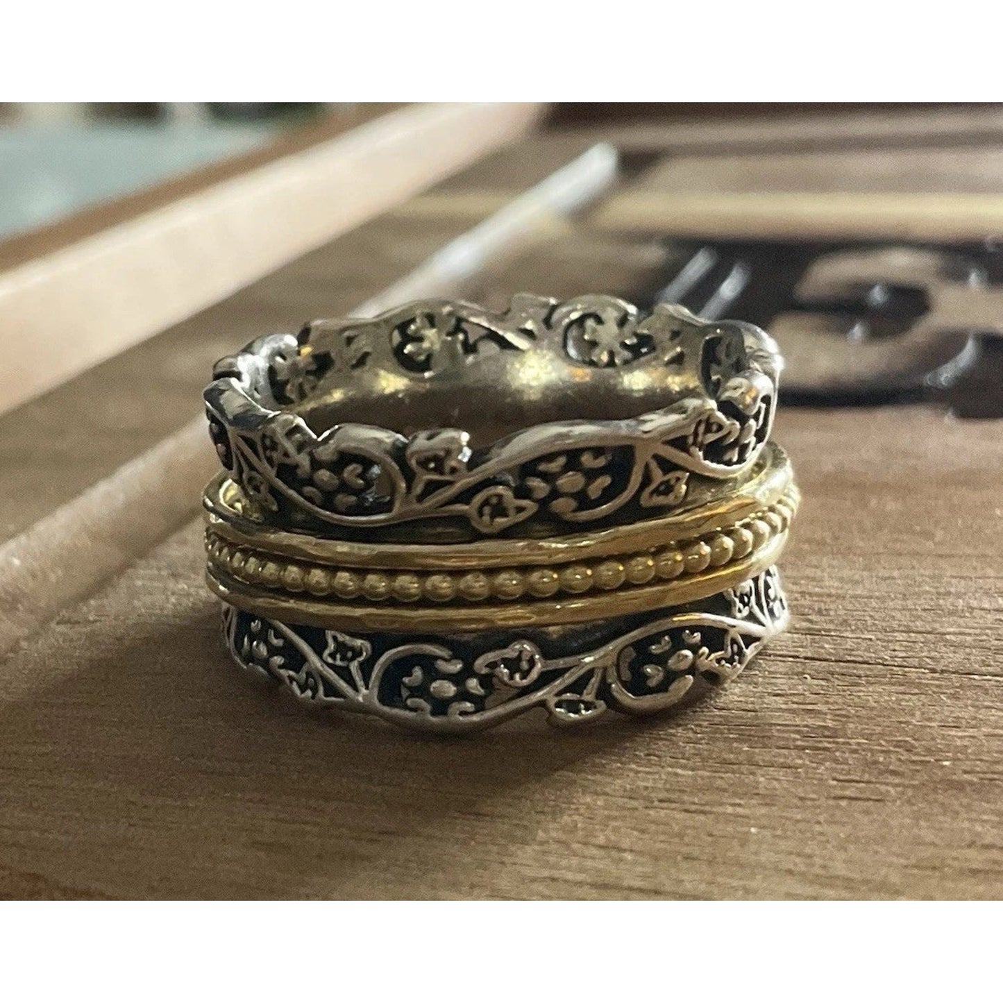 925 Sterling Silver & Gold Spinner Ring Size 9 Israel Meditation Band