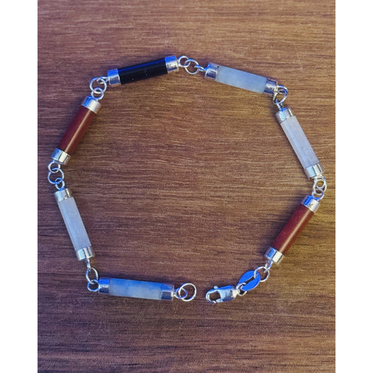 Vintage Sterling Silver Multi-Stone Tube Bracelet 925 LA Onyx, Jasper, Jade 7.5”