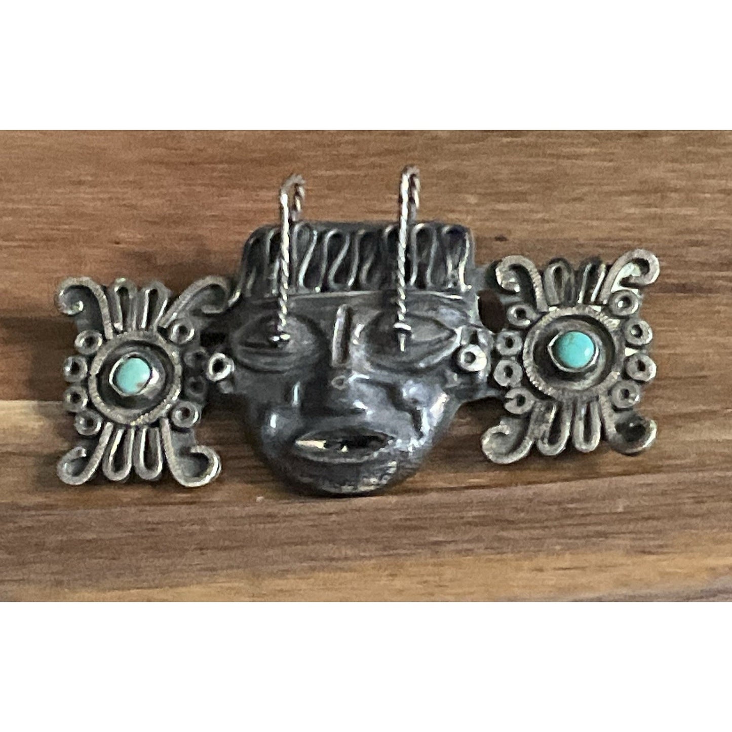 Vintage Mexican Sterling Silver & Turquoise Mask Brooch Silver Aztec Motif 26 gr