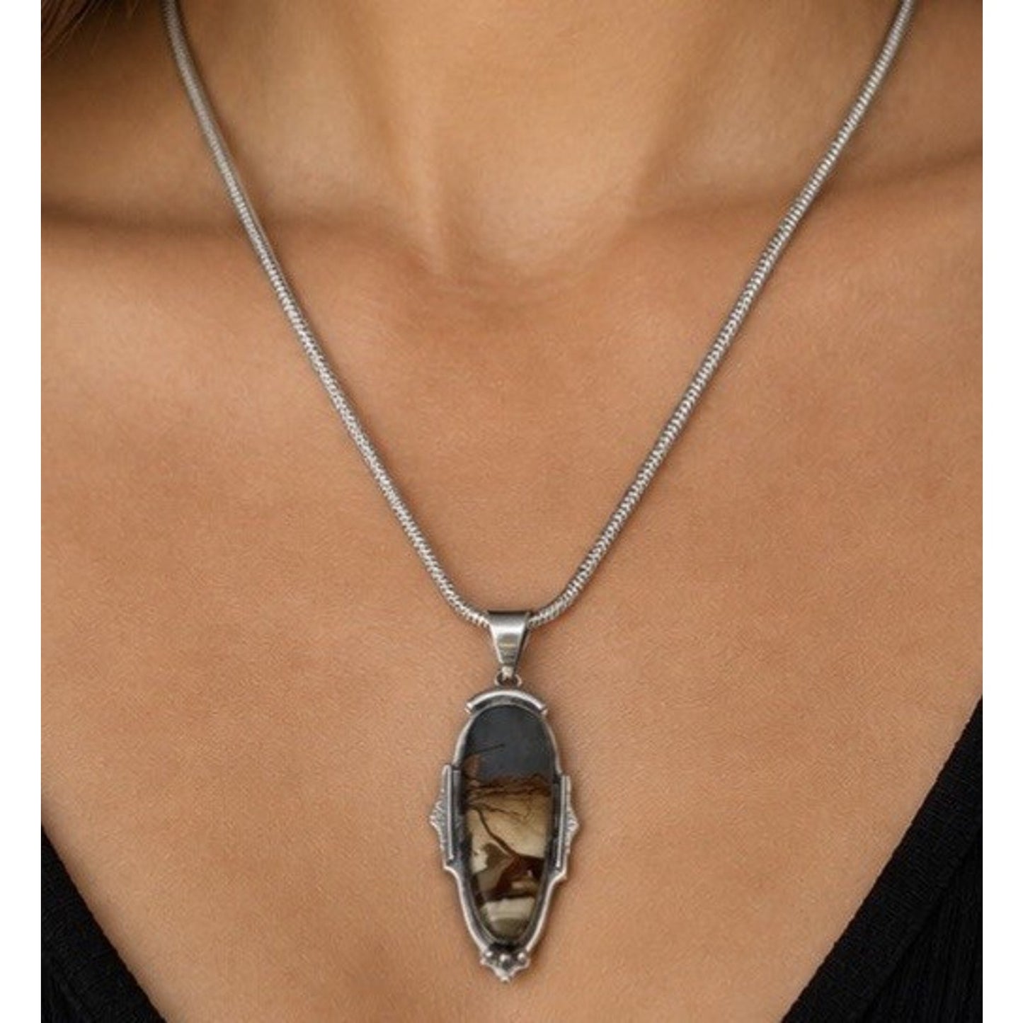 Vintage SHANO 97 Sterling Jasper Southwestern Pendant Necklace 24” Italy 925 24g