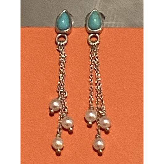 Pre owned James Avery Retired Rare HTF Silver Santorini Turquoise and Pearl Post Earrings