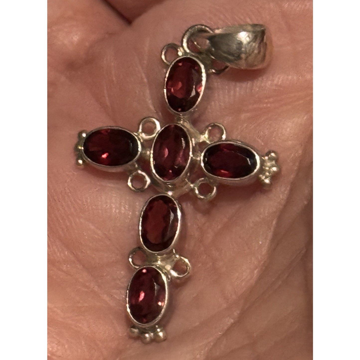 Vintage Sterling Silver Garnet Stone 2 3/4” Cross Pendant January Birthstone