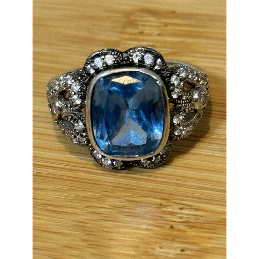 Vintage ESPO Sterling Silver Blue Topaz Ring Halo Joseph Esposito Size 8.5