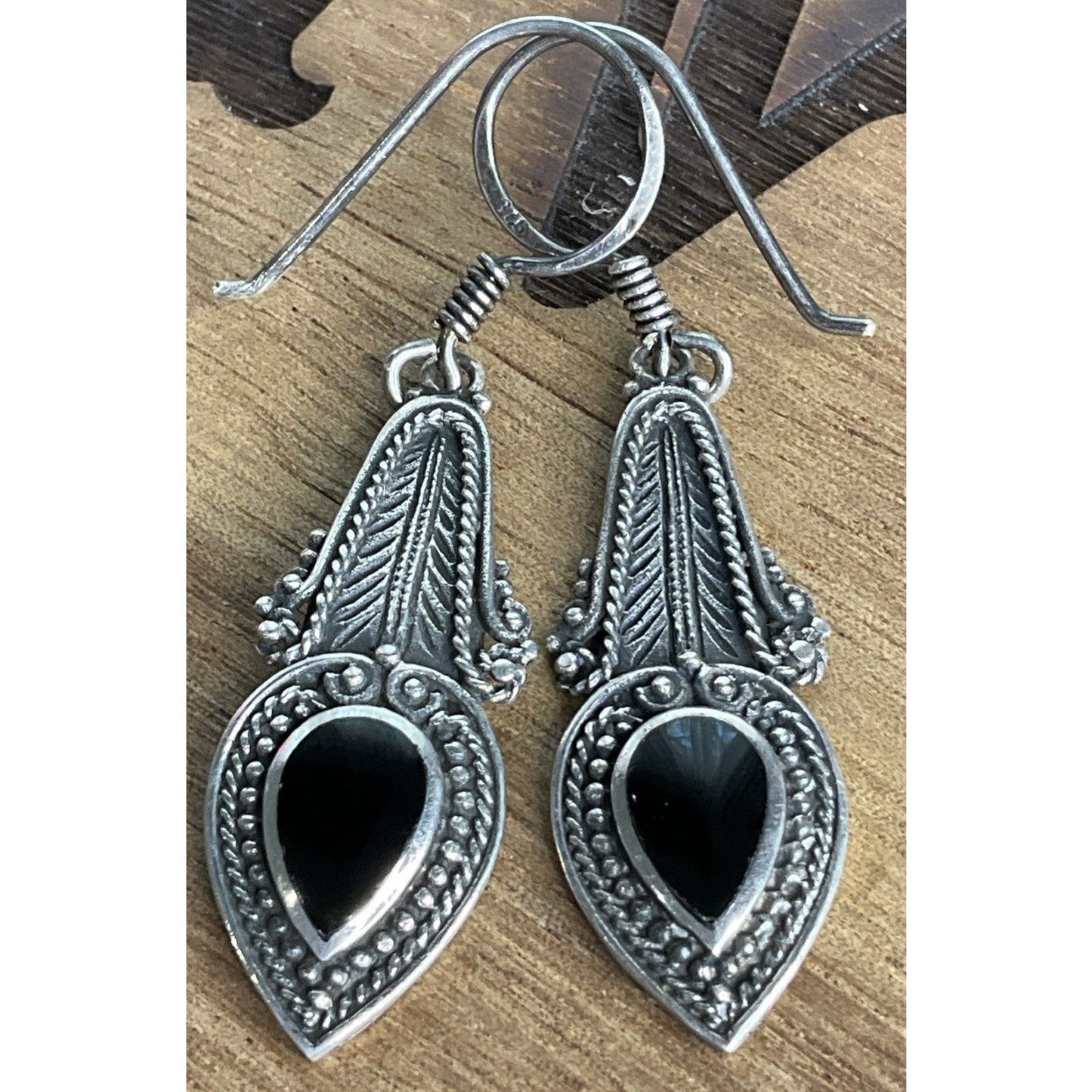 Vintage Boma Sterling Silver Black Onyx Teardrop Bali Style Dangle Drop Earrings