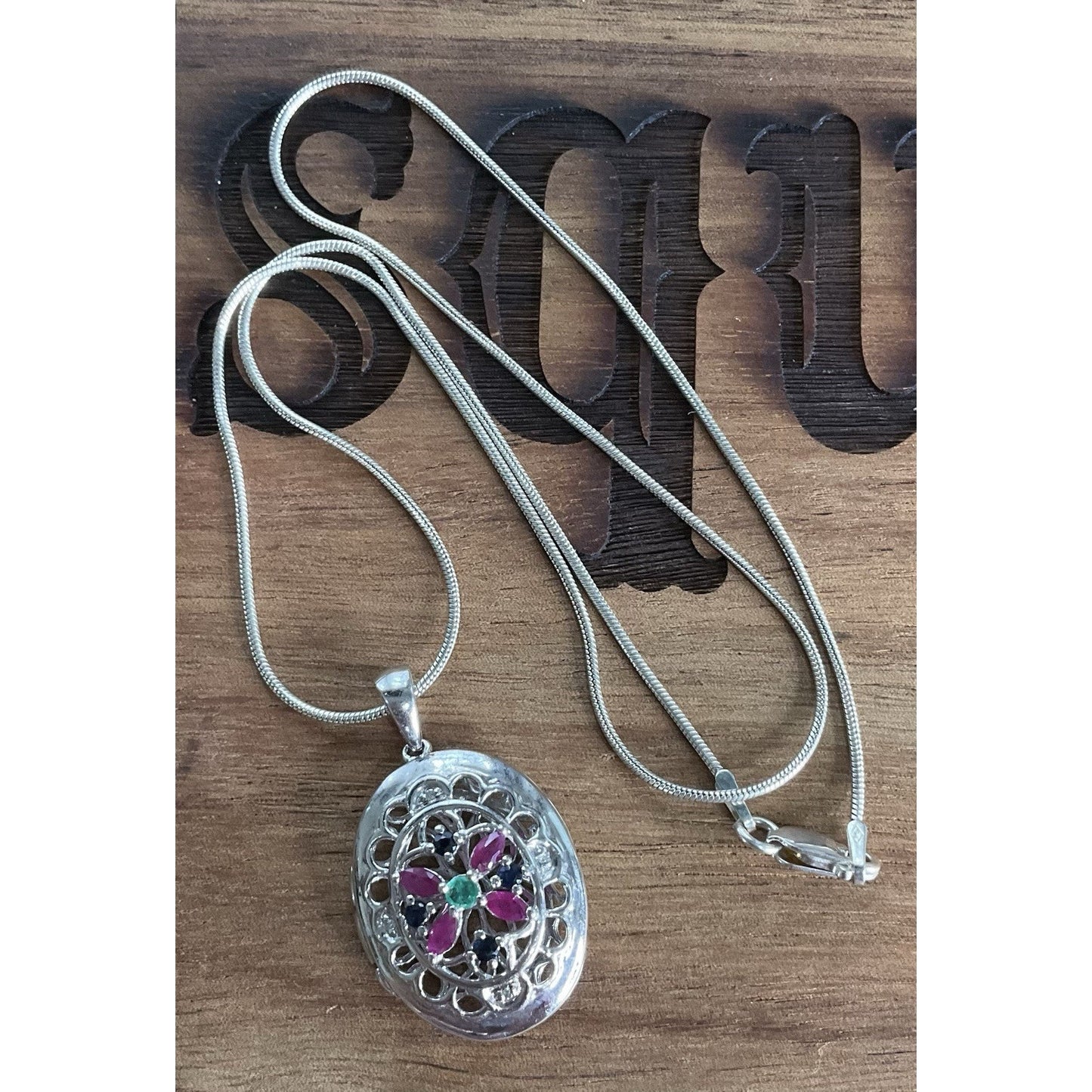 Vintage Sterling Silver Locket Necklace 925 Italy GRP Multi Stone