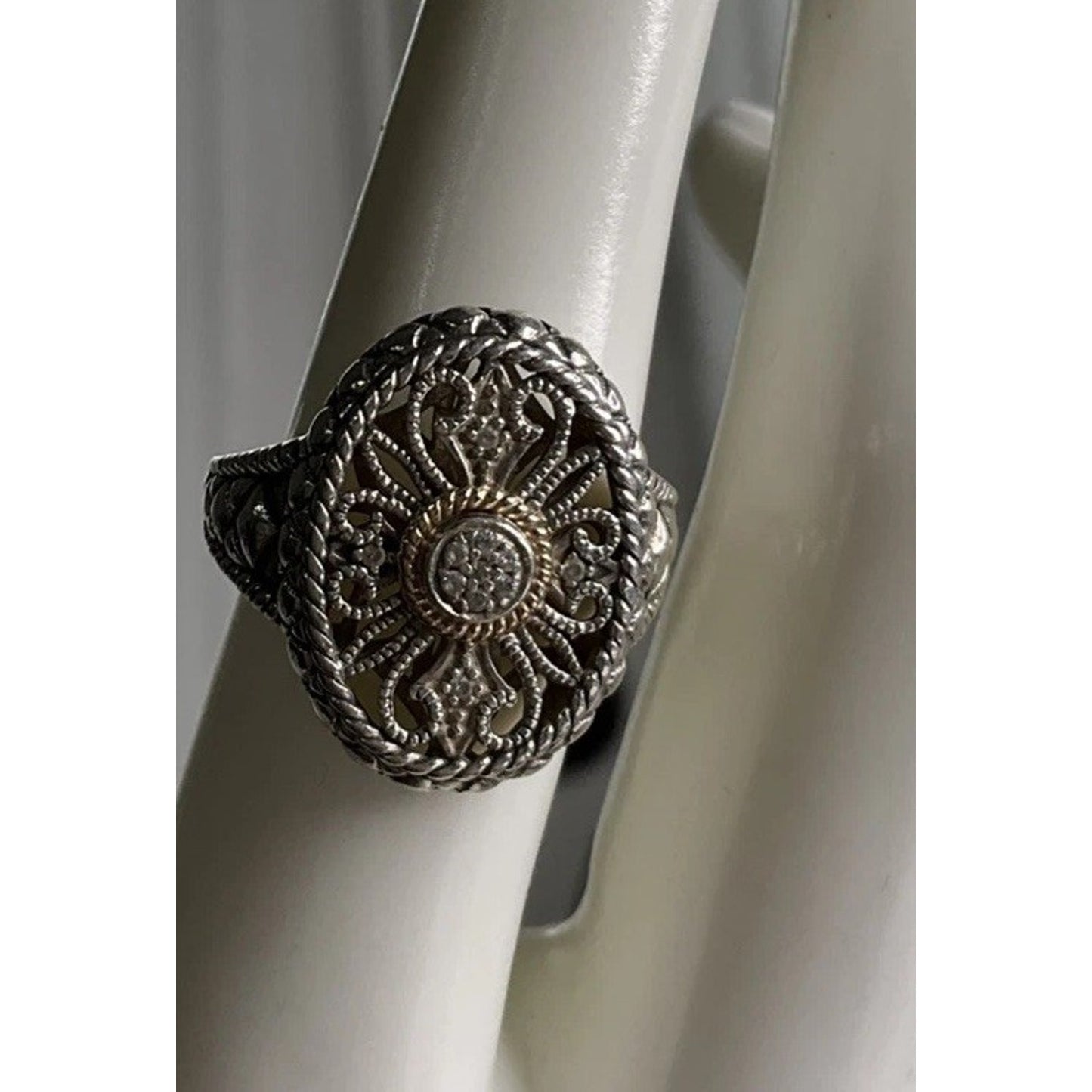 ATR 925 14K Gold Diamond Sterling Silver Ring Thailand Ornate Size 7.25