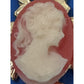 Vintage Cameo Pendant Turtle Frame Gold Tone Red White Lady 1.25"