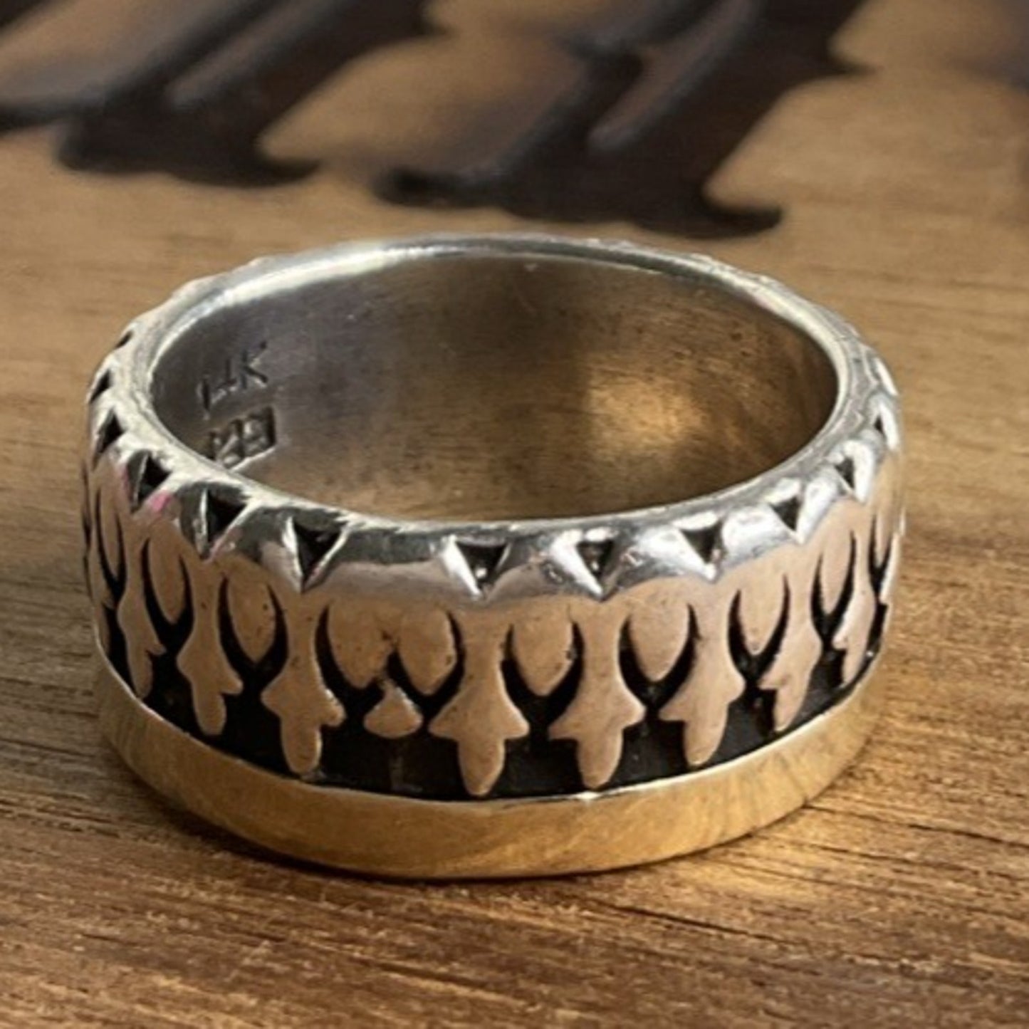 Vintage Egyptian Ankh Sterling Silver & 14K Band Ring Wide Band Size 5.5