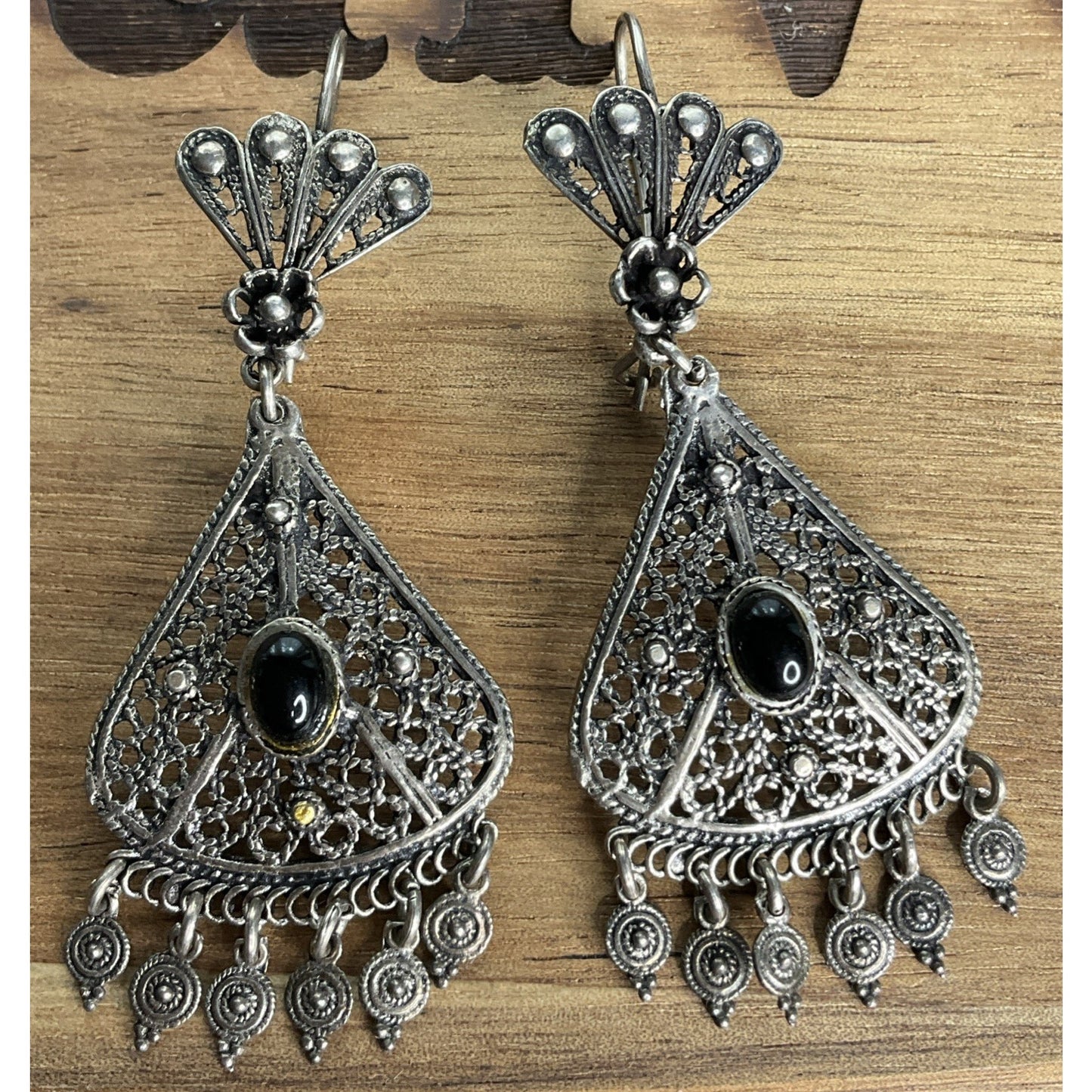 Vintage Sterling Silver Filigree Black Onyx Chandelier Earrings
