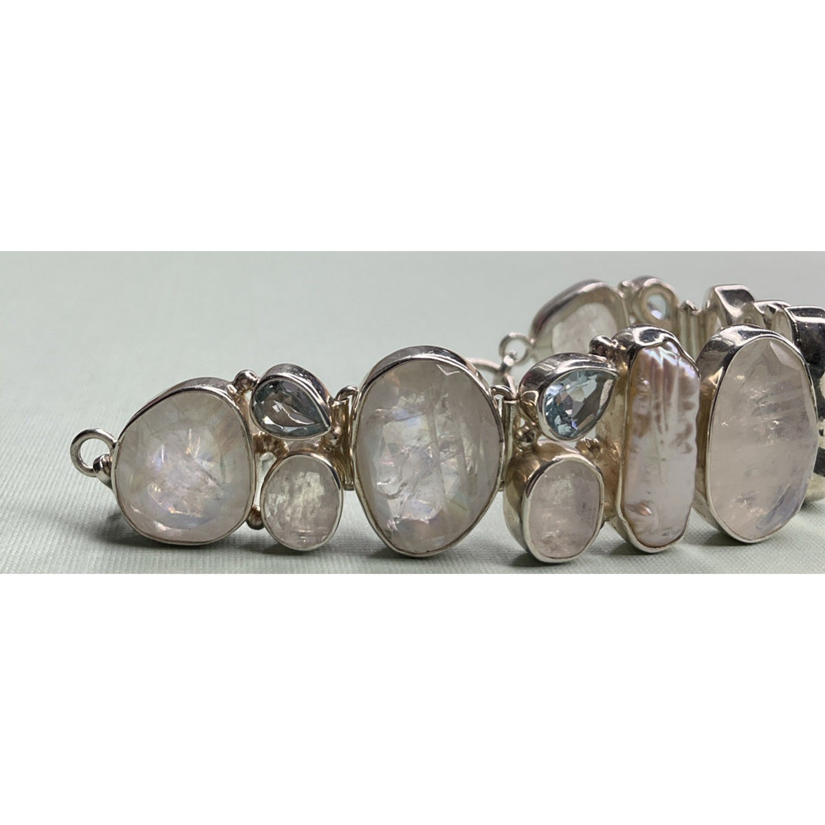 Vintage Sterling Silver Rainbow Moonstone Pearl Multi Gemstone Bracelet