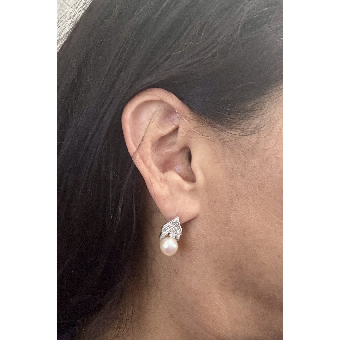 Vintage FD 925 Sterling Silver Pearl Pavé Leaf Post Back Earrings