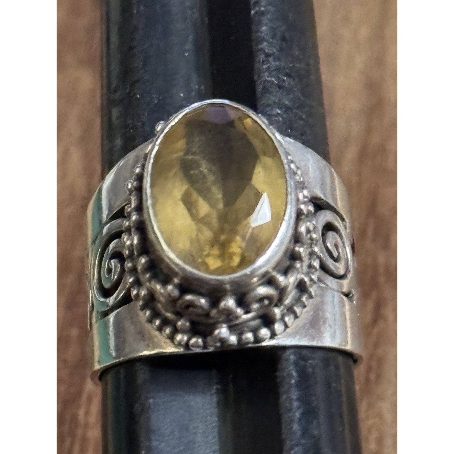 Vintage Sterling Silver Faceted Citrine Ring Sz 8.25 Artisan Filigree Swirl Band