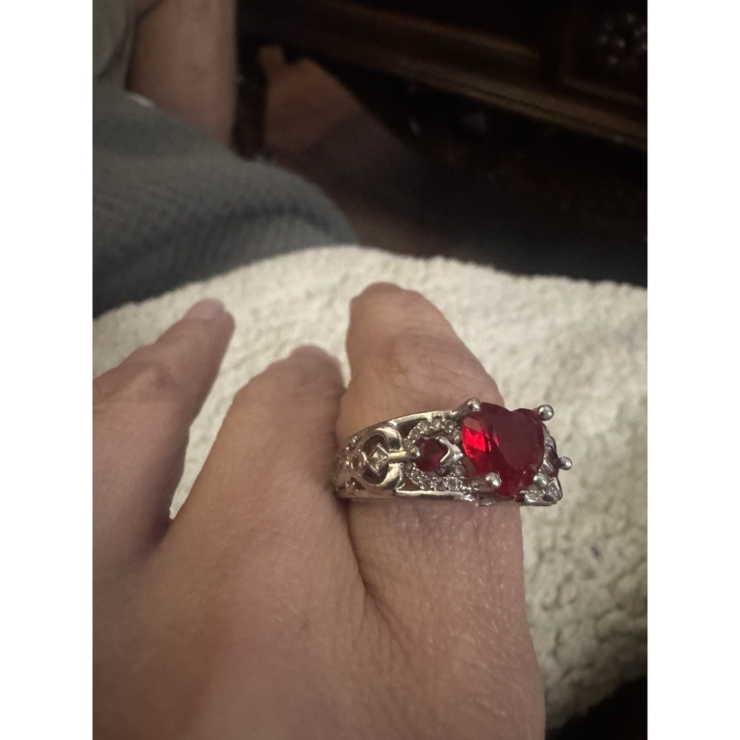 Sterling Silver Lab Created Red Heart Gemstone Ring 925 Filigree Size 8.5, 5.5g