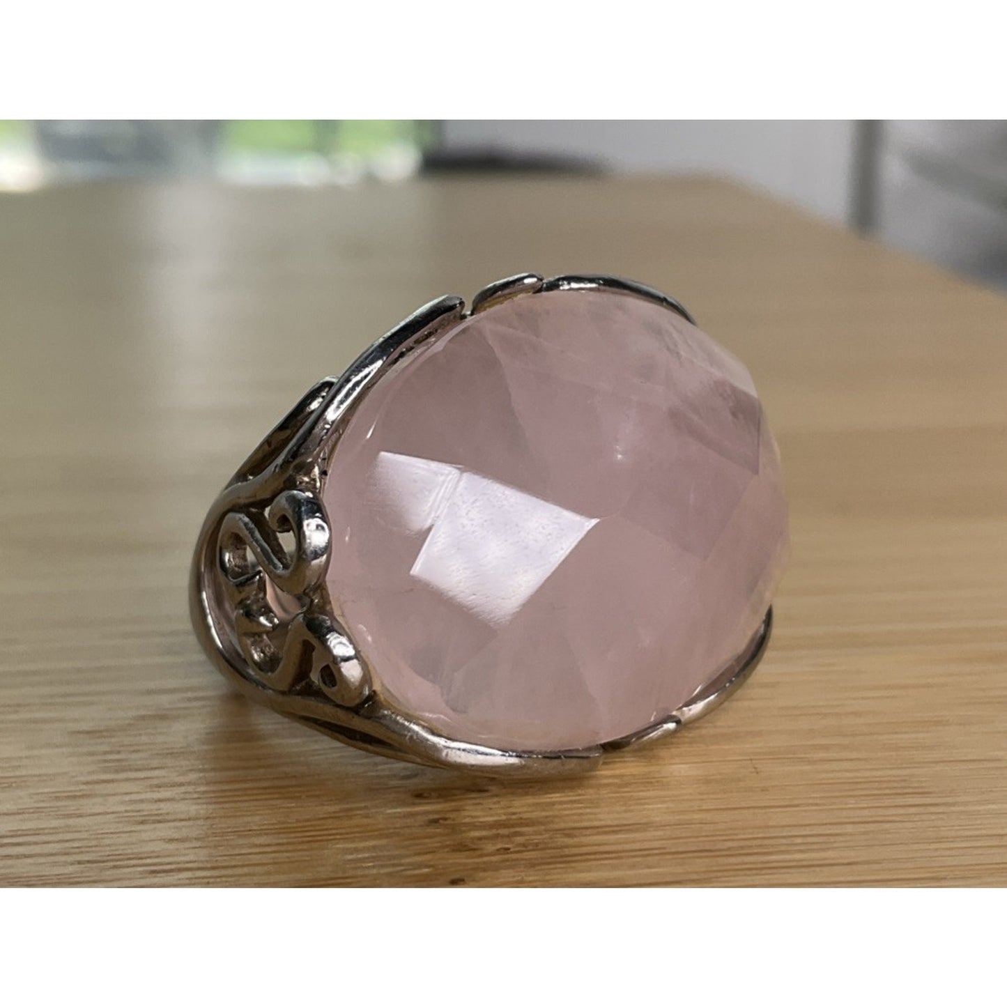 Vintage Sterling Silver Pink Faceted Rose Quartz Statement Ring Size 8.5