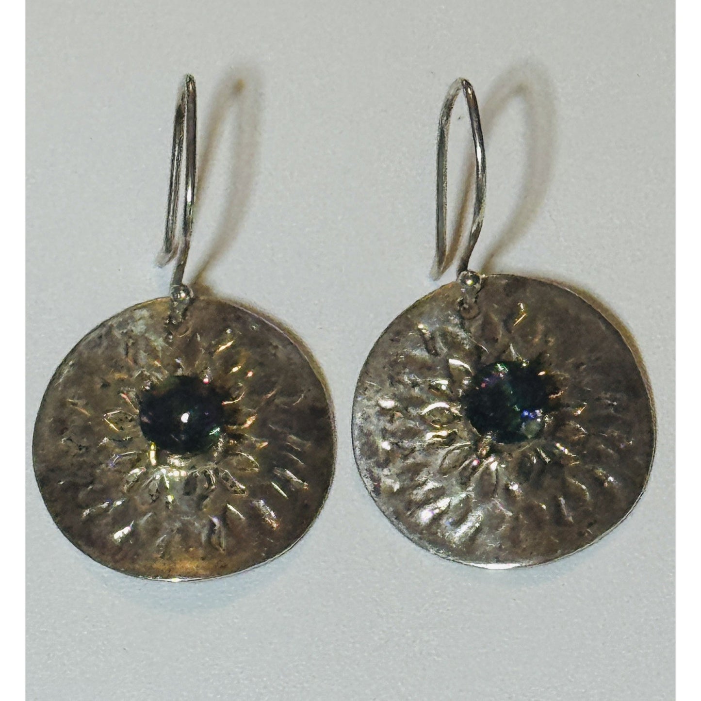 Vintage Sterling Silver Hammered Disc Earrings with Mystic Topaz