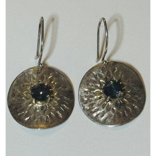 Vintage Sterling Silver Hammered Disc Earrings with Mystic Topaz