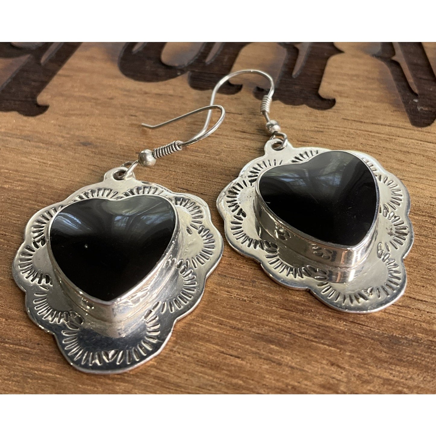 Vintage Native American Sterling 925 Black Onyx Heart Earrings Southwest 90s 13g
