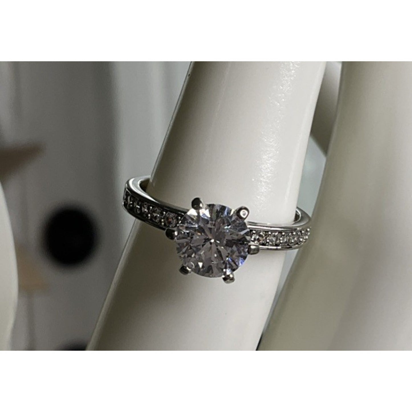 SU Sterling Silver Glass Solitaire Ring Moissanite Accents Size 6.5