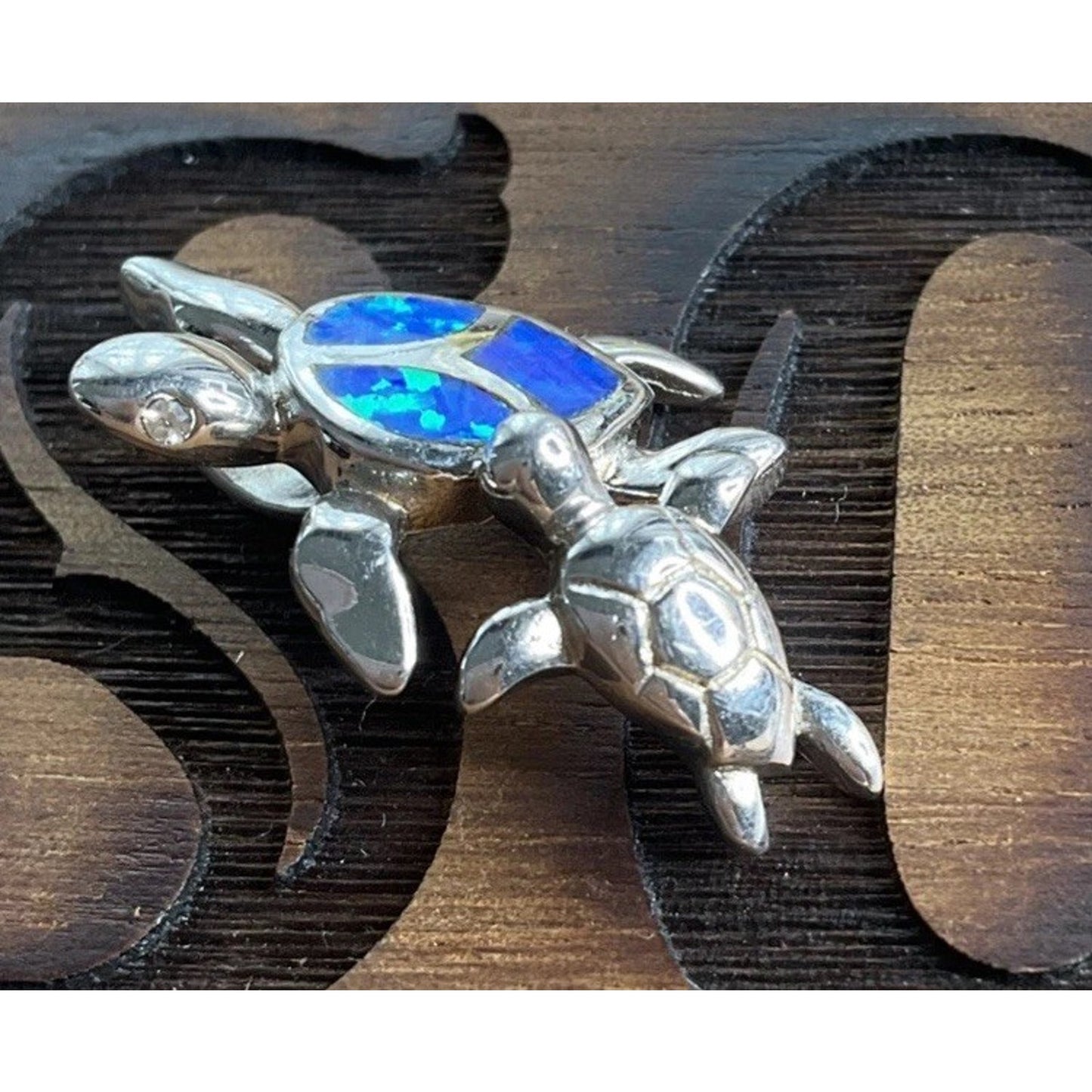 Sterling Silver Blue Opal Turtle Pendant 925 Inlay Sea Turtle Beach Ocean