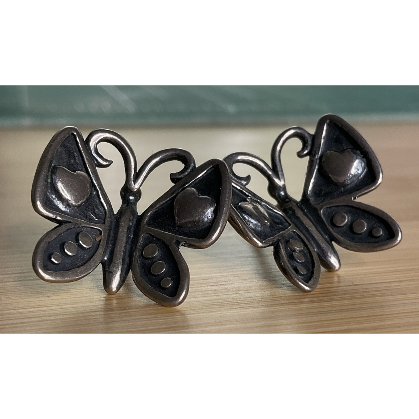 Vintage Sterling Silver Butterfly Heart Mariposa Pierced Earrings Oxidized