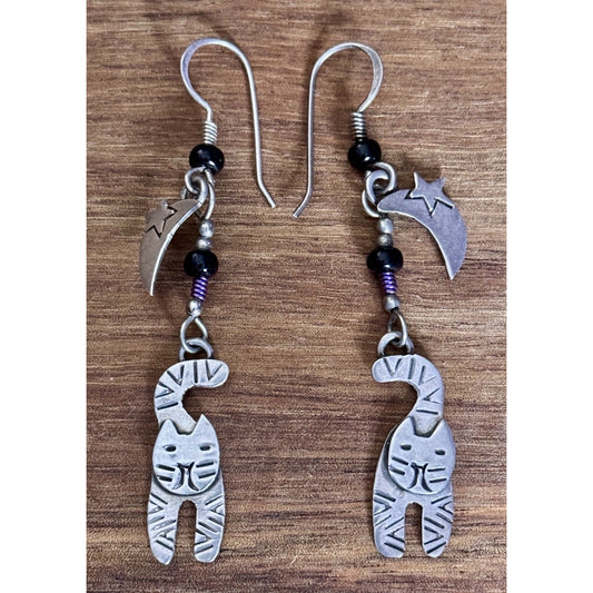 Vintage Far Fetched Sterling Silver Cat Moon Dangle Earrings Black Onyx Artisan