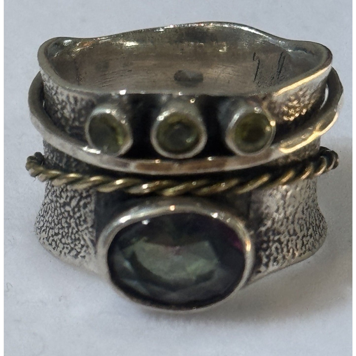 Bali Sterling Silver Mystic Quartz Peridot Gemstone Spinner Sz 8 Meditation Ring