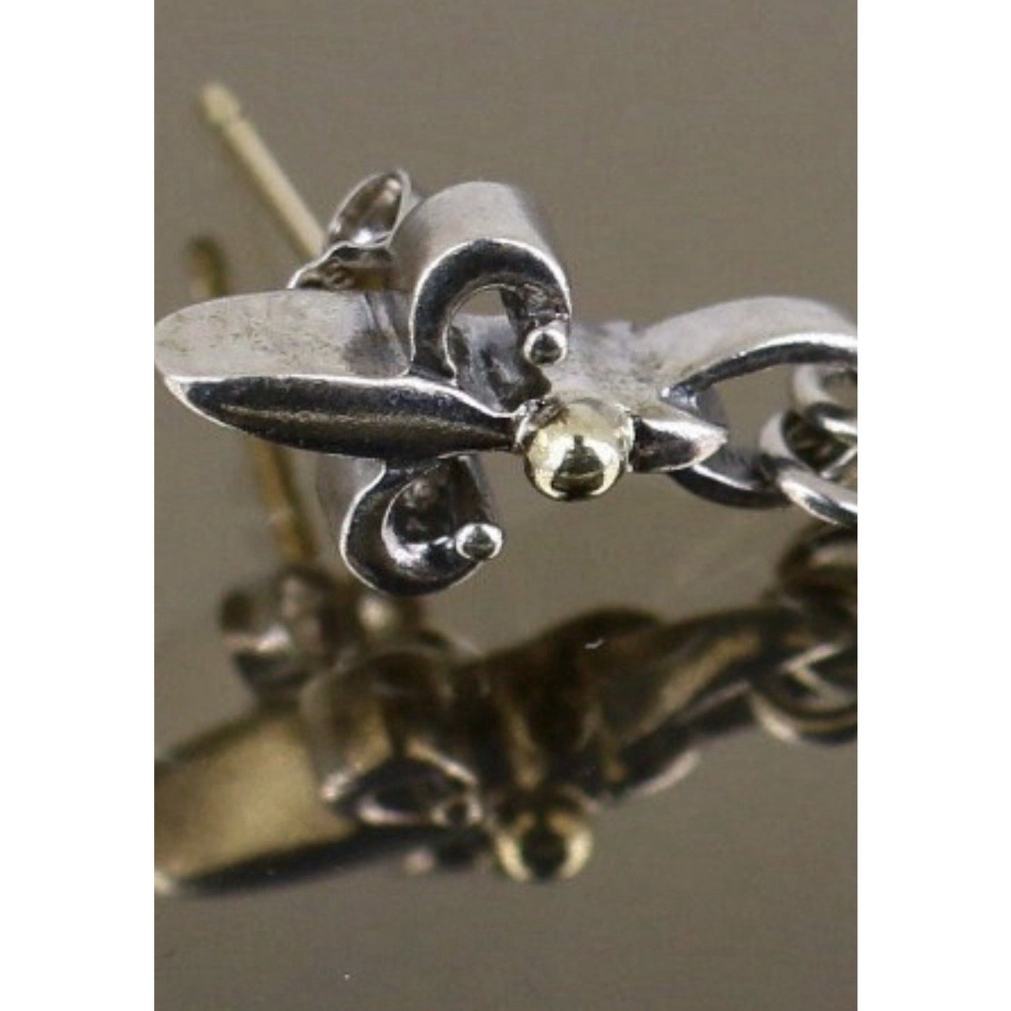 Vintage 925 Sterling Silver & 18K Gold Fleur De Lis King Rolo Chain Earrings