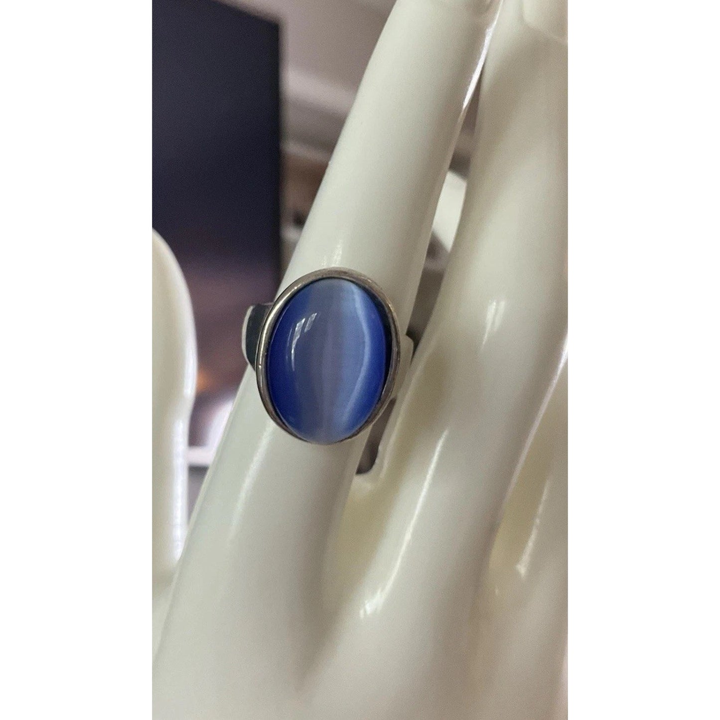 Vintage Large Blue Cabochon Cats Eye Statement Ring 925 Sterling Silver Size 8
