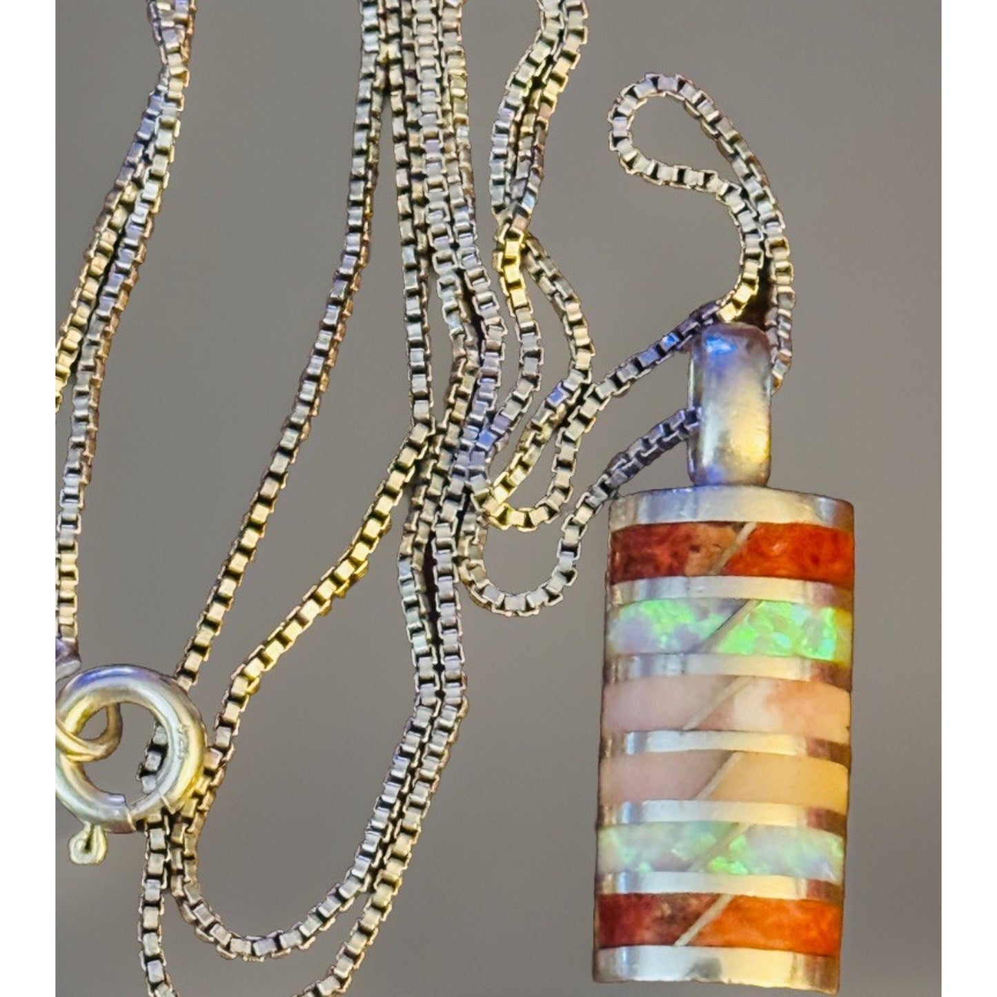 Southwestern Inlay Native Sterling Pendant Opal Jasper Shell MOP w 925 Necklace