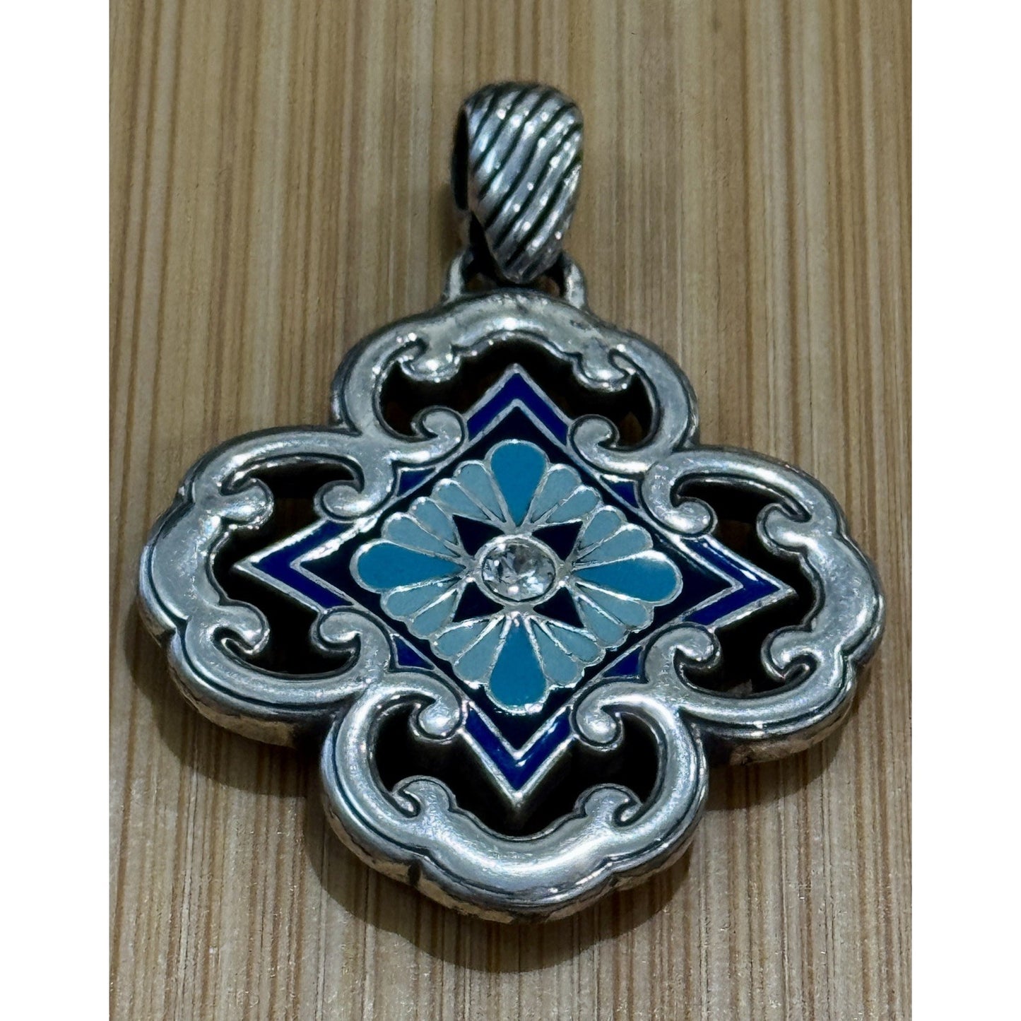 BRIGHTON Bella Capri Reversible Blue Enamel Mosaic Clover Silver Tone Pendant 2”