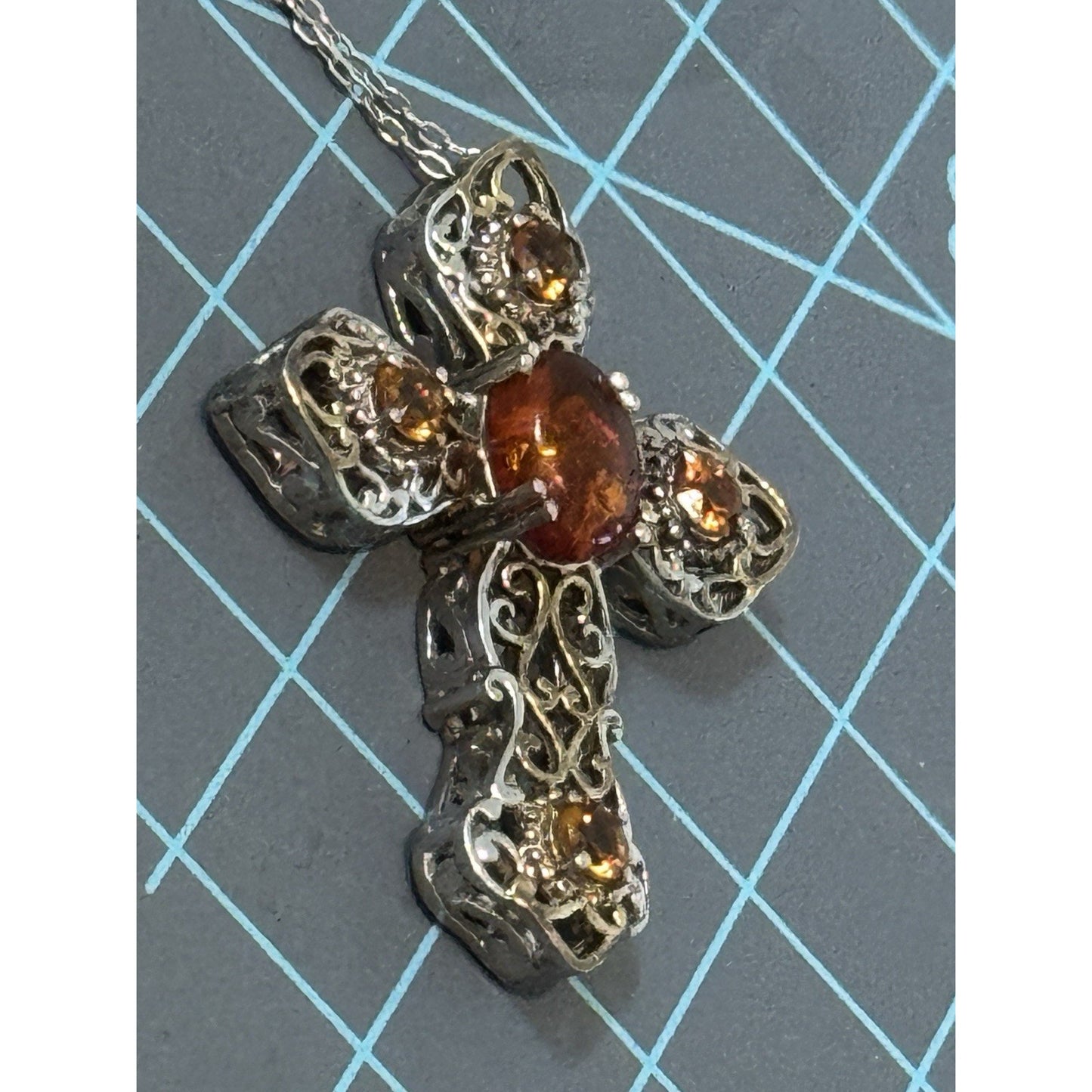 Vintage Amber & Citrine Sterling Silver Two Tone Cross And 925 Necklace 20”