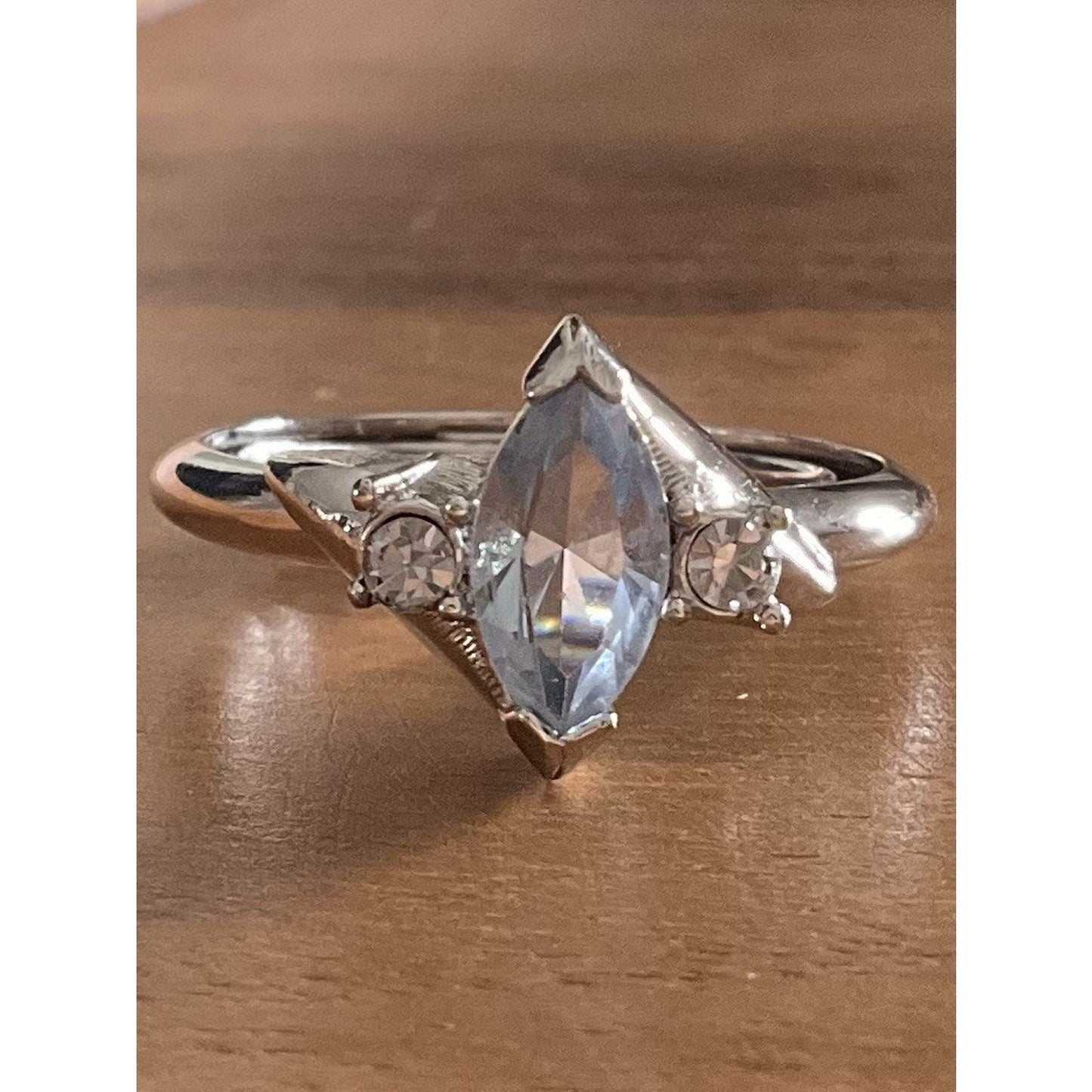 Vintage Sterling Silver 925 Blue Topaz Marquise Ring w CZ Accents Size 8.5