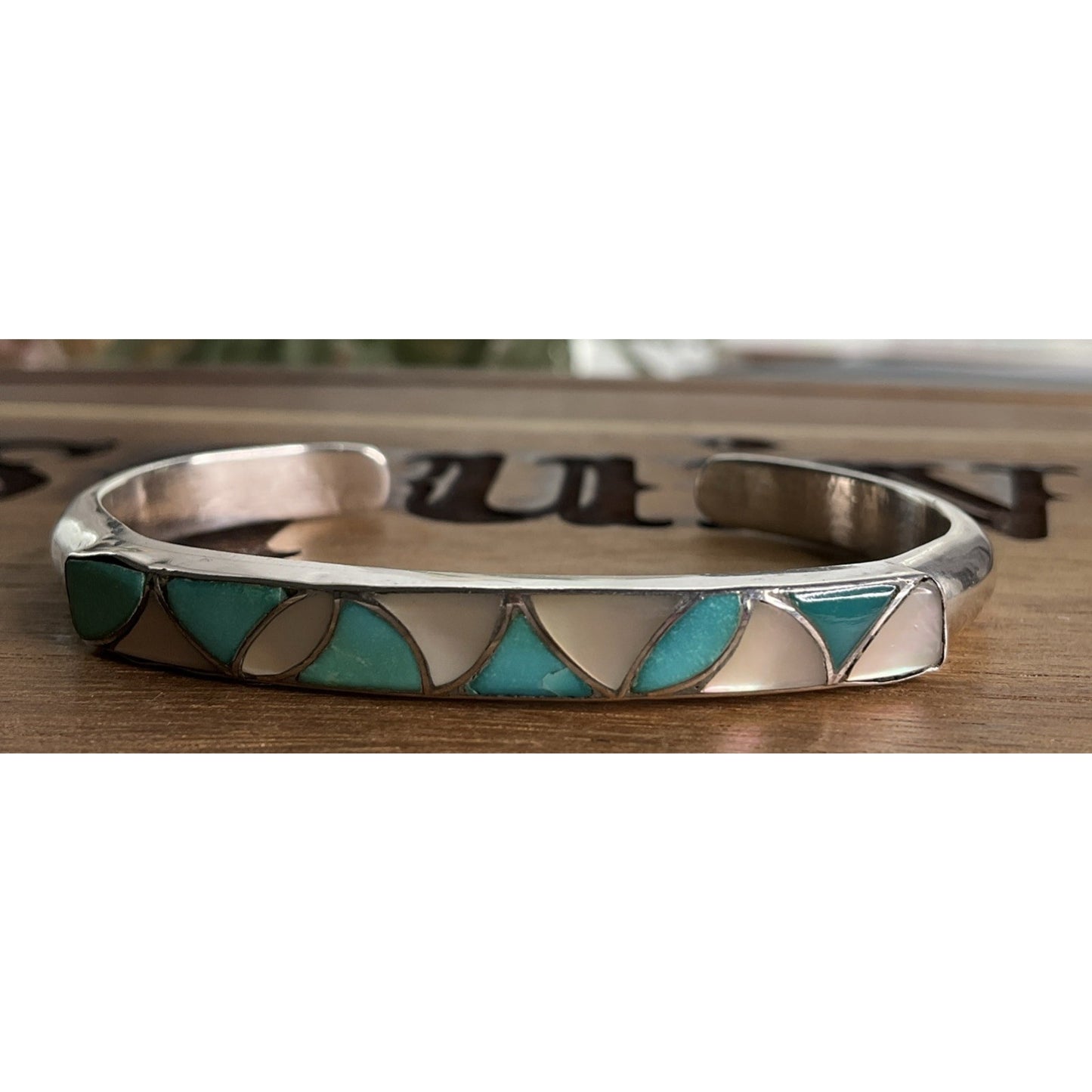 Vintage SKJ Sterling Silver Turquoise Inlay Cuff Bracelet 26g