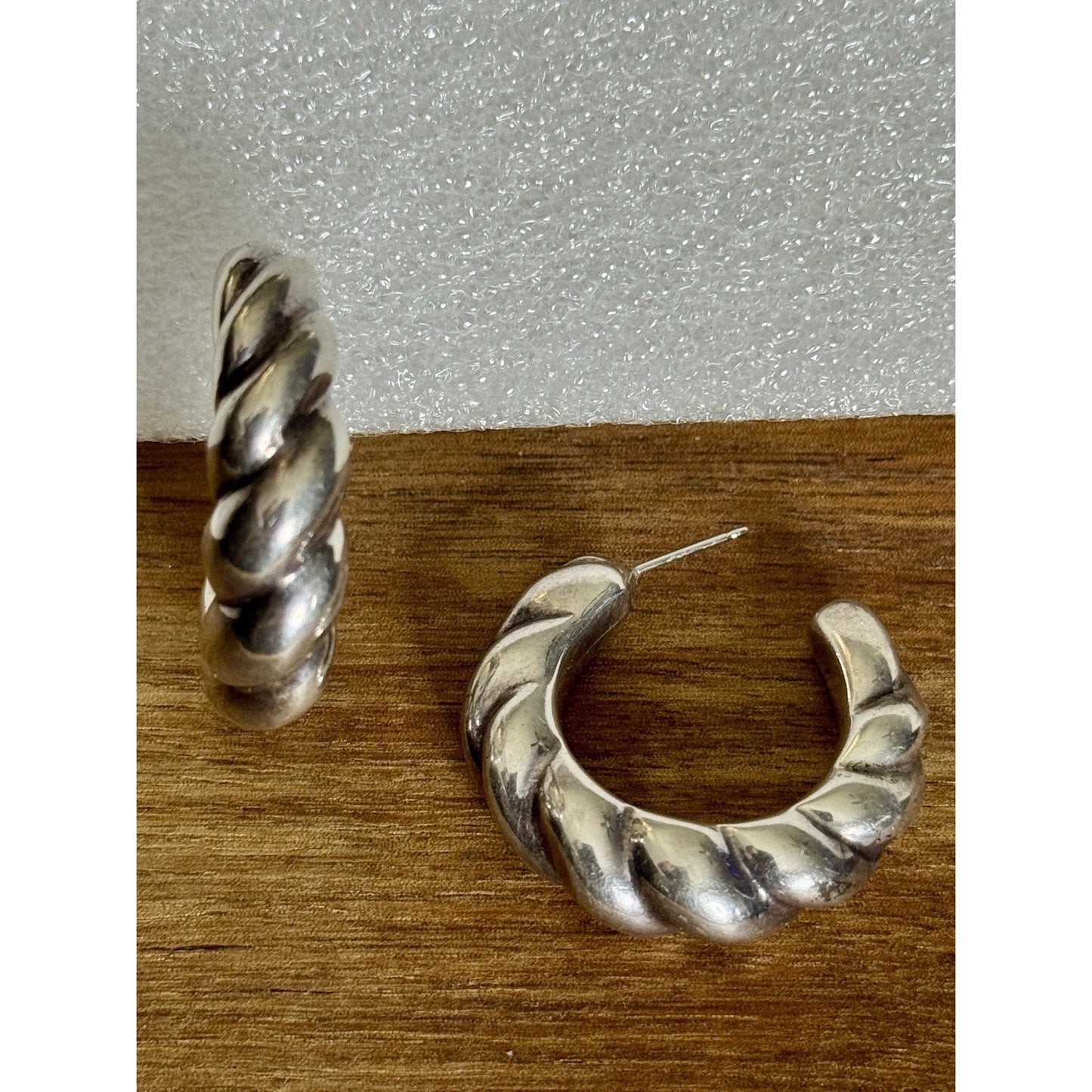 Vintage Sterling Silver 925 Ribbed Fluted Half Hoop Twisted Chunky Earrings