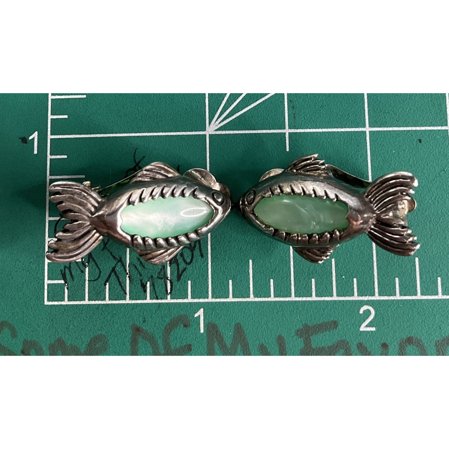 Vintage Sterling Silver Fish Coastal Clip On Earrings Aqua Green Gemstones 10g