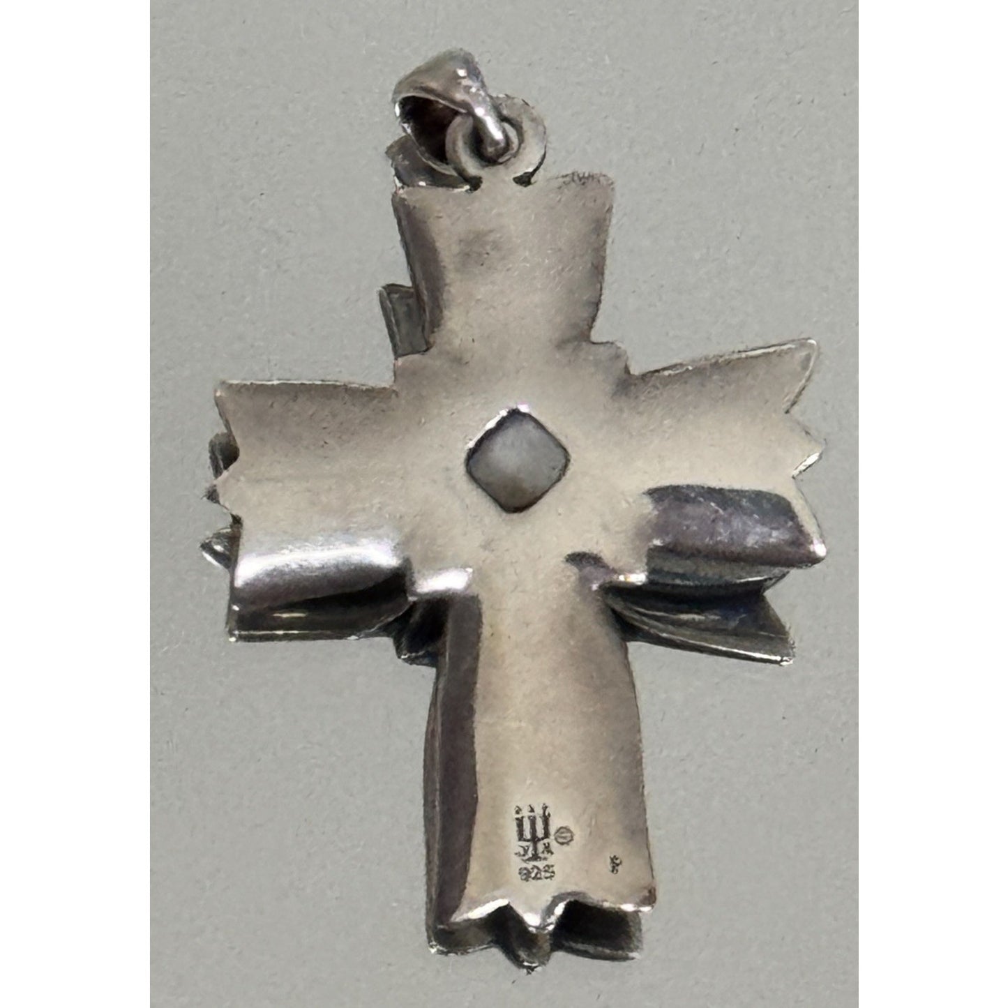 Pre Owned Retired James Avery Floral Cross Pendant With White Cabochon Sterling Silver 2”
