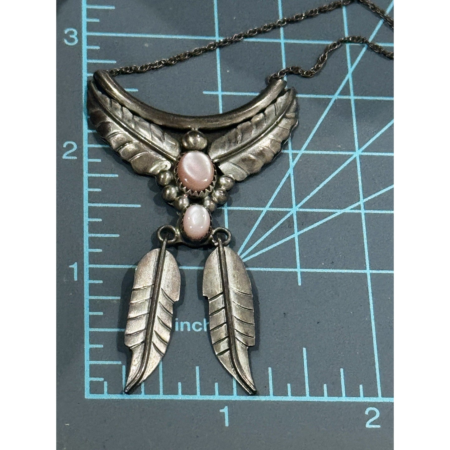 Vintage Navajo Sterling Silver Pink Conch Dangle Feather Necklace Signed S Cline