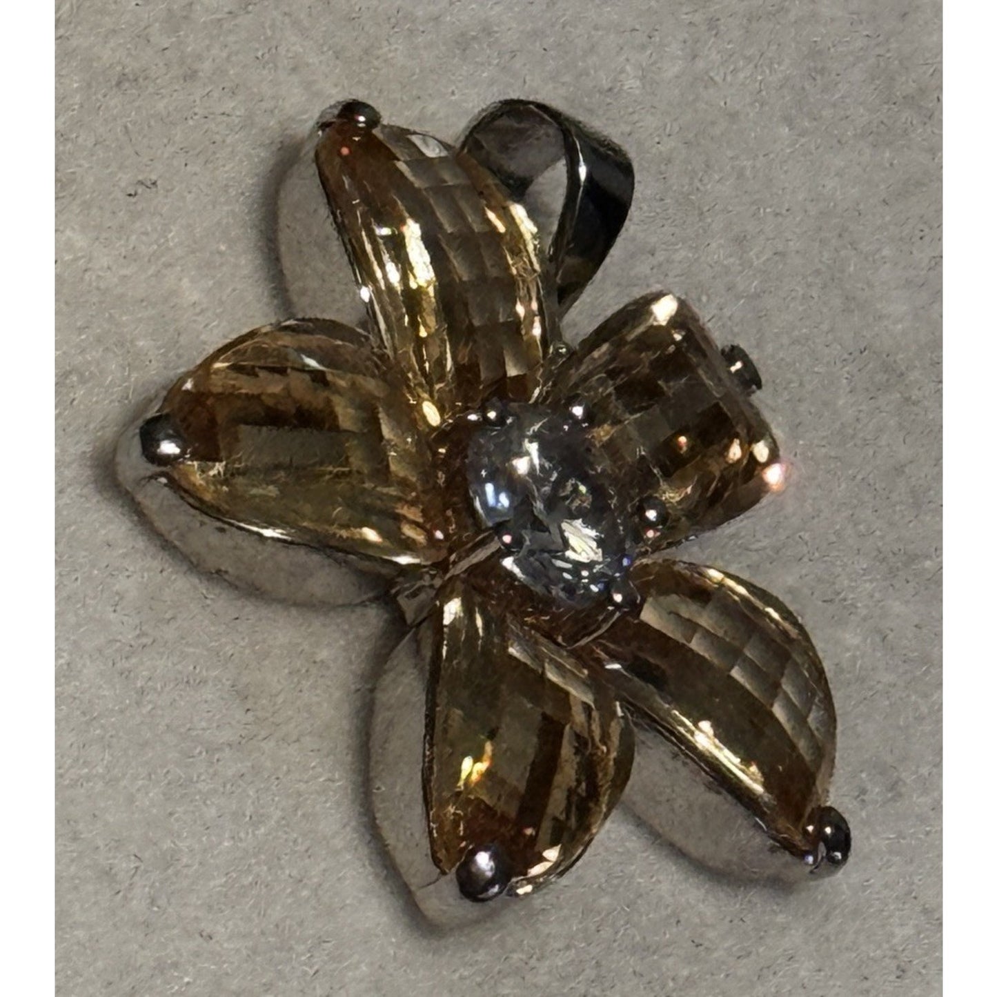 Vintage Sterling Silver Citrine Flower Pendant White Topaz Gem 925 11g