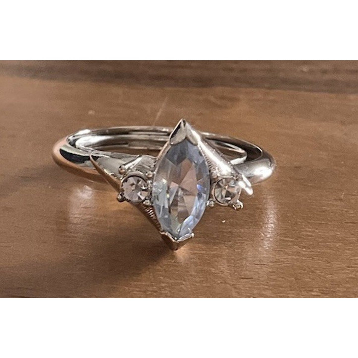 Vintage Sterling Silver 925 Blue Topaz Marquise Ring w CZ Accents Size 8.5